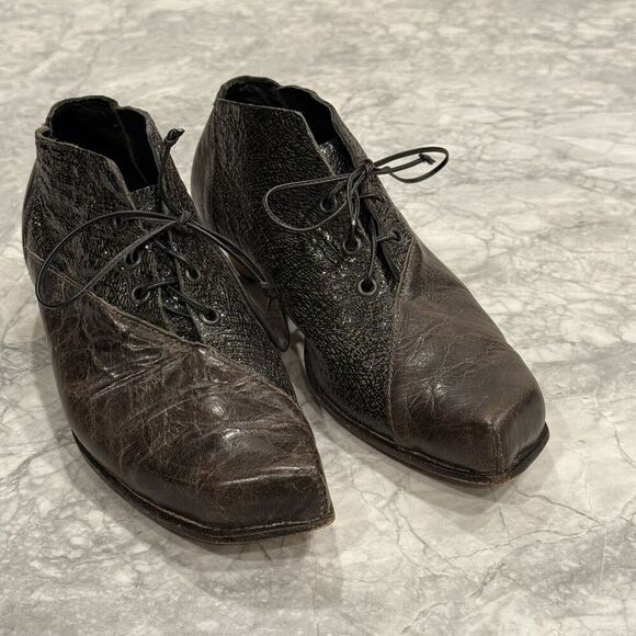 Cydwoq Vintage brown leather pointy laced flat shoes size 38 / US 7 Wood Heel - Picture 1 of 7